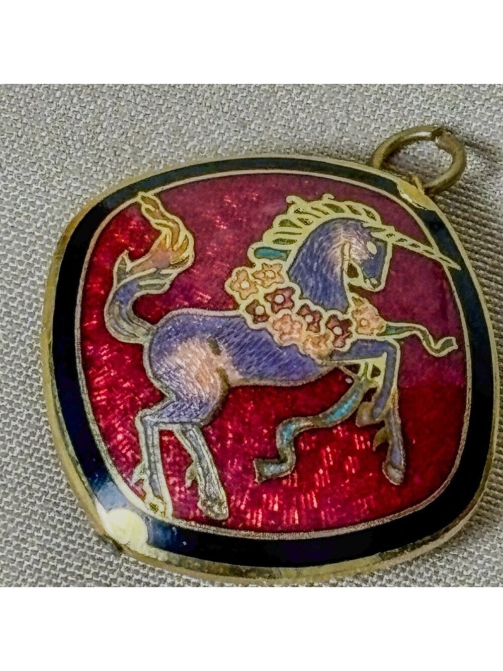 RARE Vintage Gold Tone Cloisonné Guilloché Enamel Double Sided Unicorn B15
